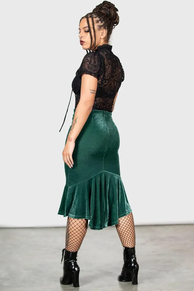 Women Velvet Killstar Drusilla Midi Skirt GREEN
