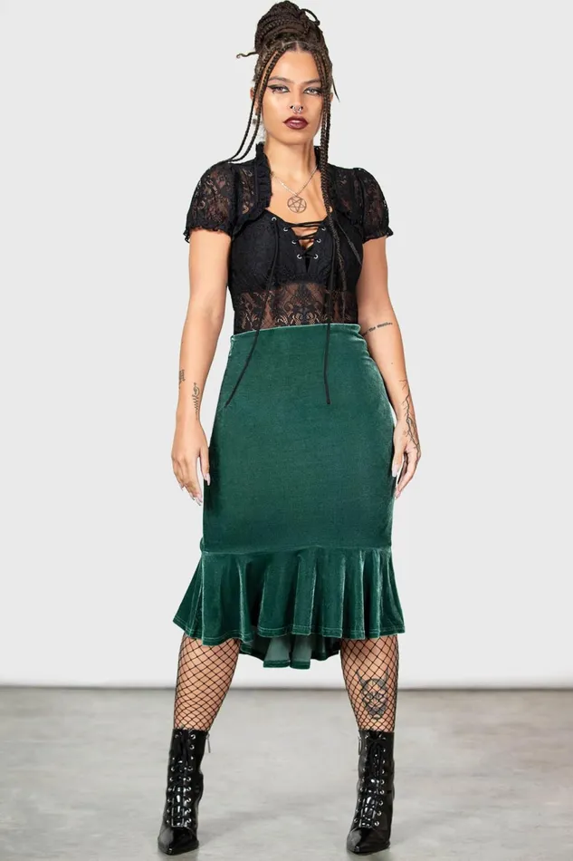 Women Velvet Killstar Drusilla Midi Skirt GREEN