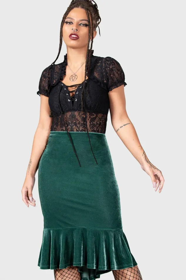 Women Velvet Killstar Drusilla Midi Skirt GREEN