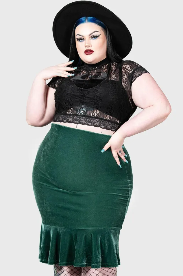 Women Velvet Killstar Drusilla Midi Skirt GREEN