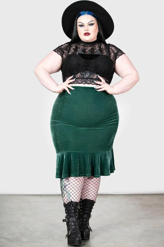 Women Velvet Killstar Drusilla Midi Skirt GREEN