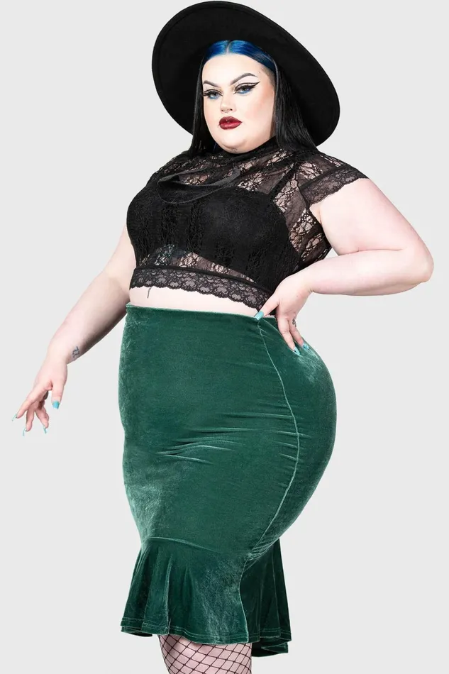 Women Velvet Killstar Drusilla Midi Skirt GREEN