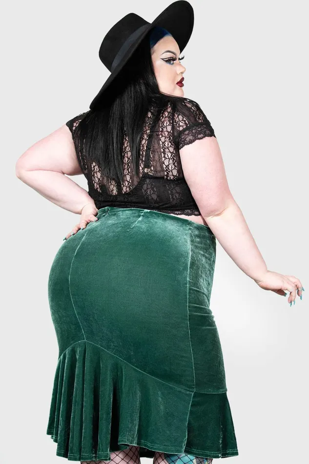 Women Velvet Killstar Drusilla Midi Skirt GREEN
