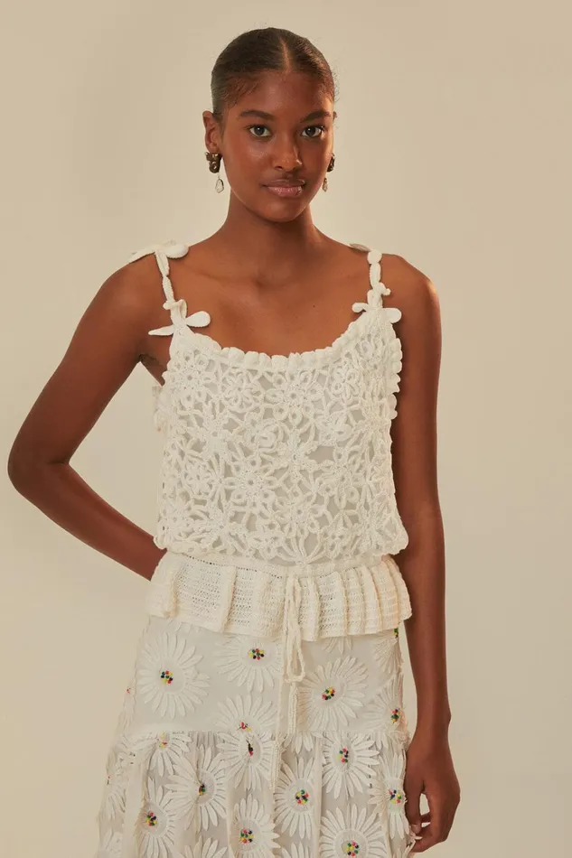 Women White Flowers Crochet Top Offwhite FARM Rio Crop Tops