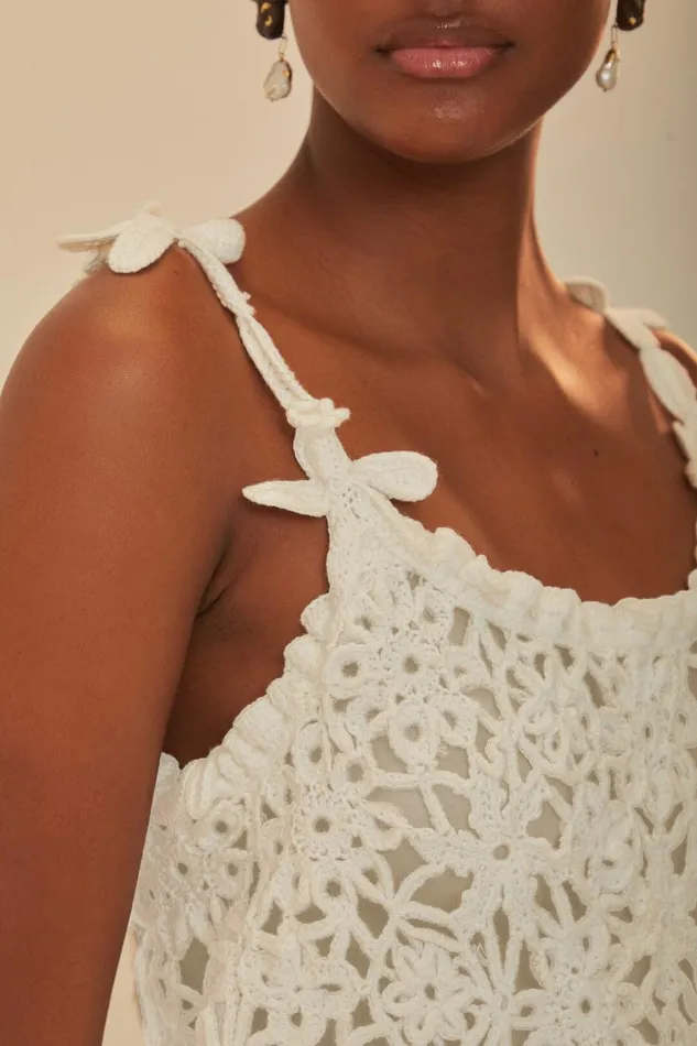 Women White Flowers Crochet Top Offwhite FARM Rio Crop Tops