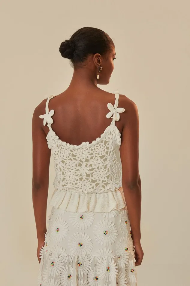 Women White Flowers Crochet Top Offwhite FARM Rio Crop Tops