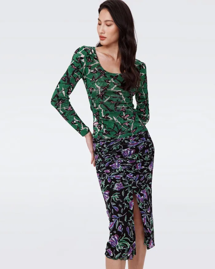 Women Willow Reversible Mesh Skirt Tulip Fields Violet And Clover Twigs Green DVF Skirts