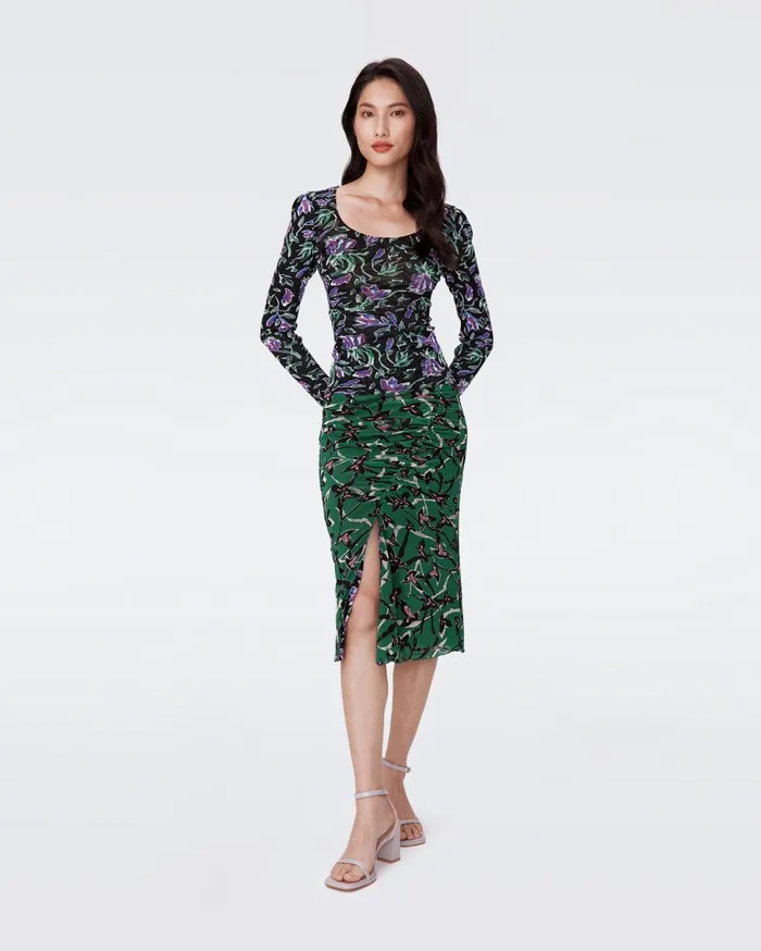 Women Willow Reversible Mesh Skirt Tulip Fields Violet And Clover Twigs Green DVF Skirts
