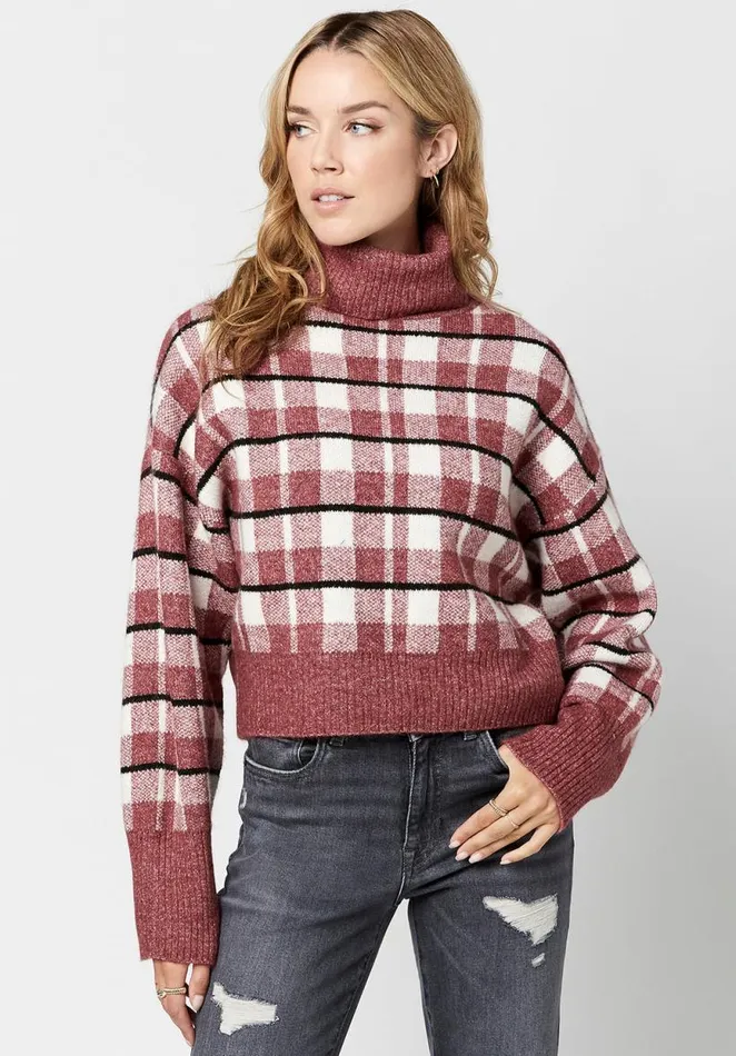 Women Windowpane Plaid Remi Sweater Red Windowpane Buffalo David Bitton Sweaters