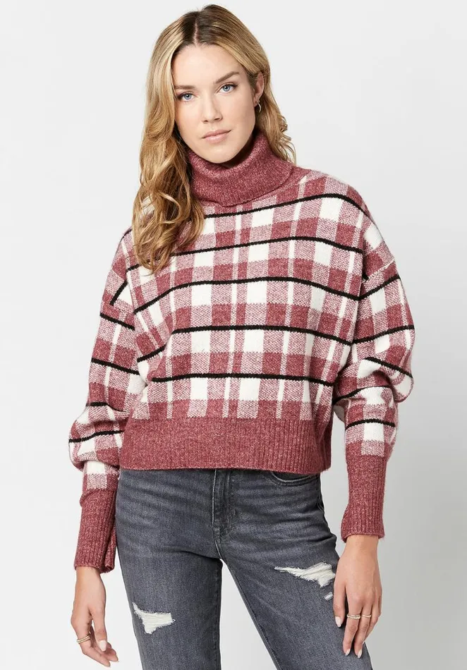 Women Windowpane Plaid Remi Sweater Red Windowpane Buffalo David Bitton Sweaters