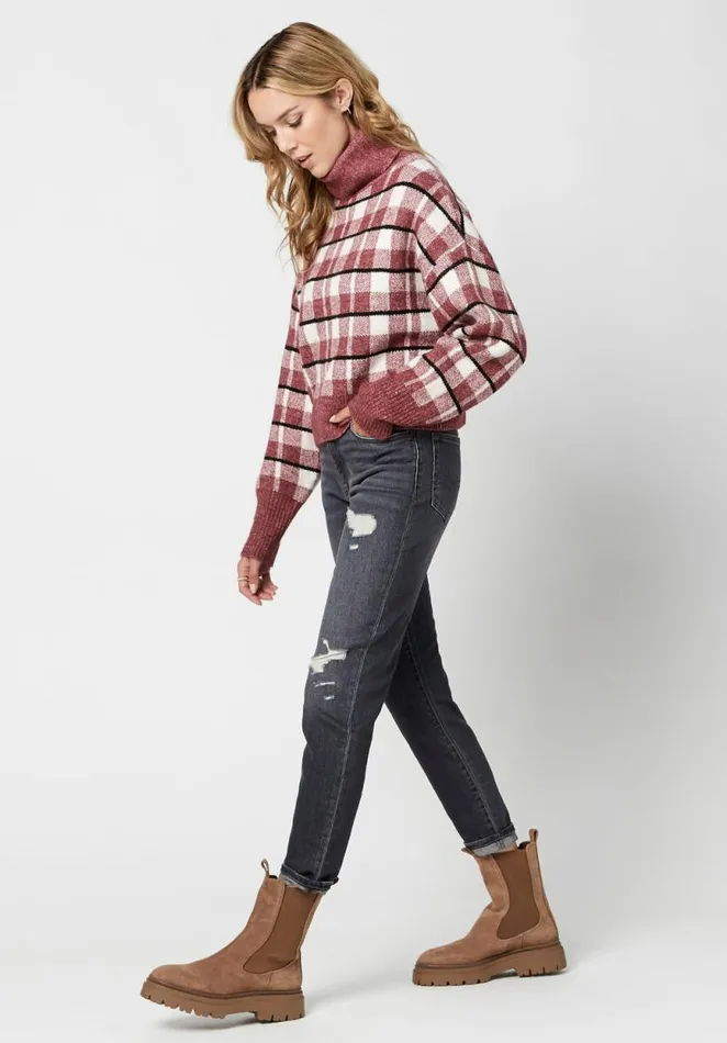 Women Windowpane Plaid Remi Sweater Red Windowpane Buffalo David Bitton Sweaters
