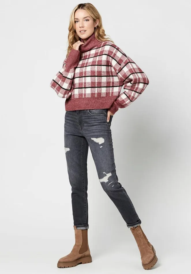 Women Windowpane Plaid Remi Sweater Red Windowpane Buffalo David Bitton Sweaters