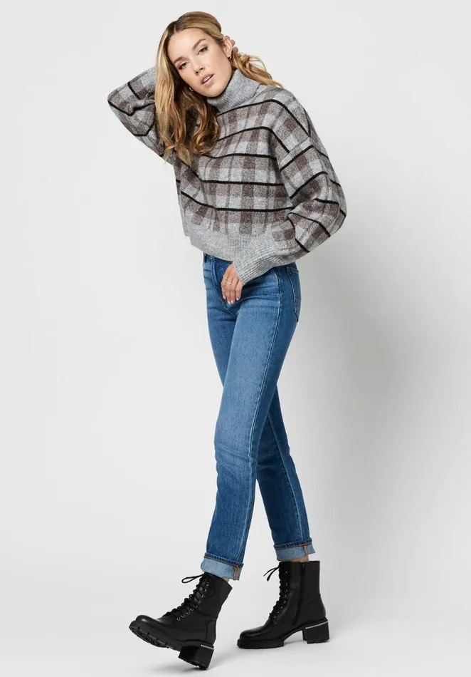 Women Windowpane Plaid Remi Sweater Red Windowpane Buffalo David Bitton Sweaters