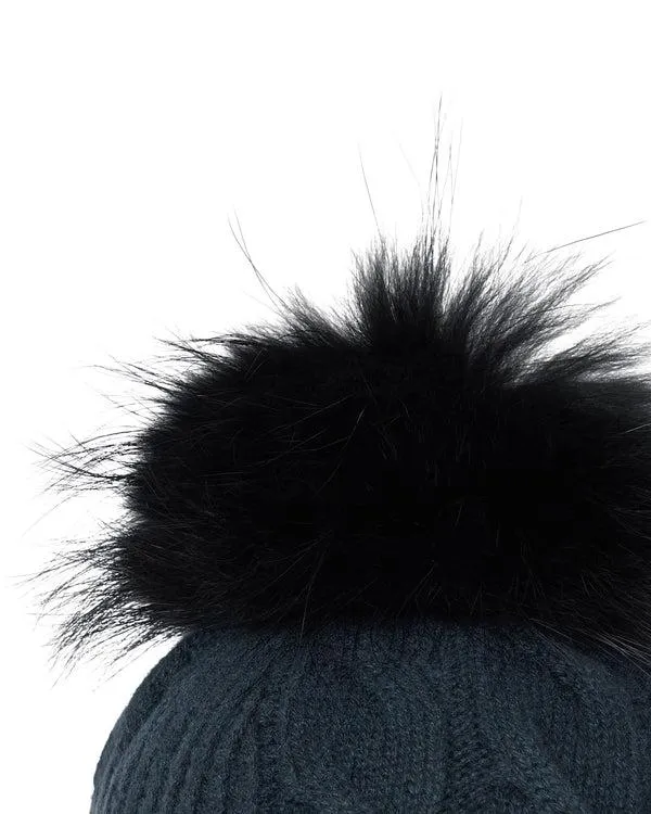 Women Women039s Cable Cashmere Hat With Fur PomIn Grigio Blue Grigio Blue NPeal Hats