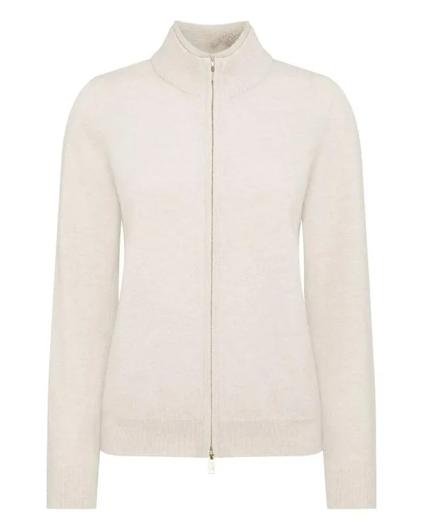 Women Women039s Full Zip Cashmere Sweater With Fur TrimIn Ecru White Ecru White NPeal Half and Full Zip Knitwear