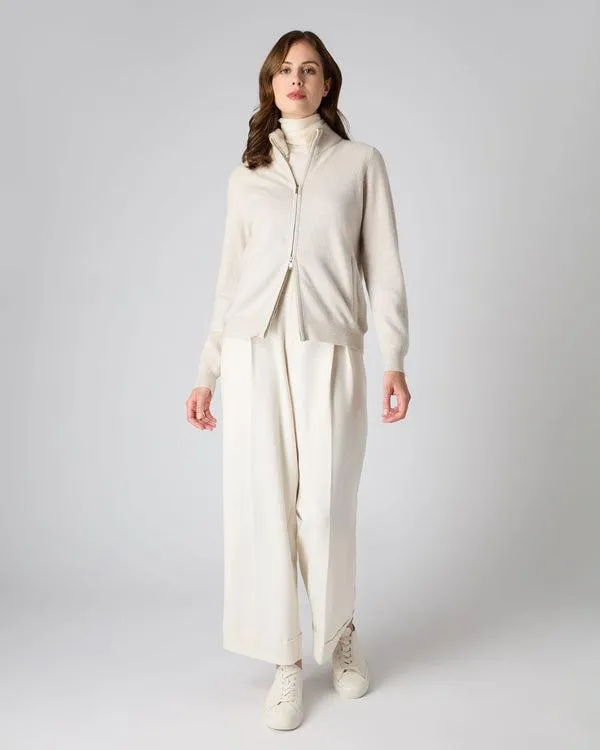 Women Women039s Full Zip Cashmere Sweater With Fur TrimIn Ecru White Ecru White NPeal Half and Full Zip Knitwear