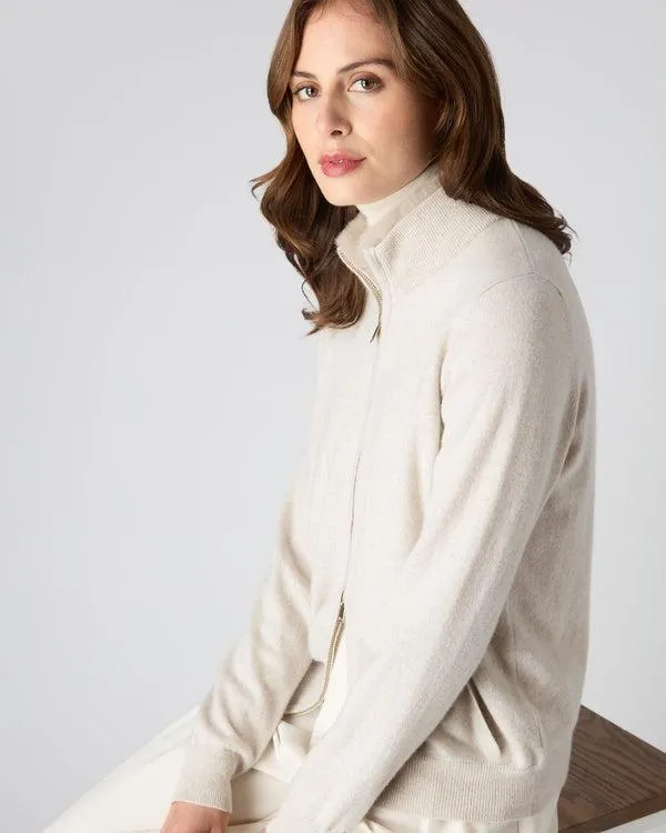 Women Women039s Full Zip Cashmere Sweater With Fur TrimIn Ecru White Ecru White NPeal Half and Full Zip Knitwear