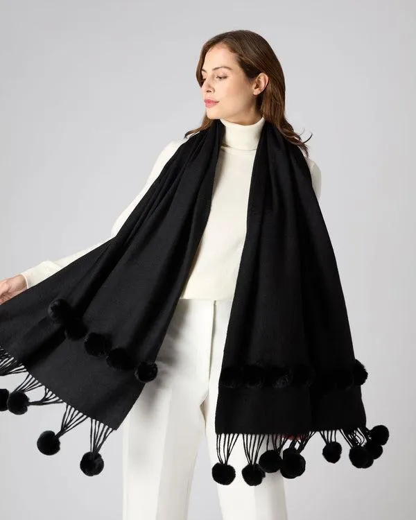 Women Women039s Fur Bobble Woven ShawlIn Black Black NPeal Pashminas Wraps and Shawls