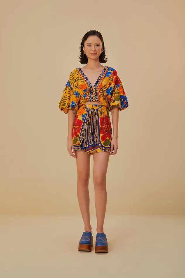 Women Yellow Floral Yard Lenzing Ecovero Euroflax Crop Top Floral Yard Yellow FARM Rio Crop Tops