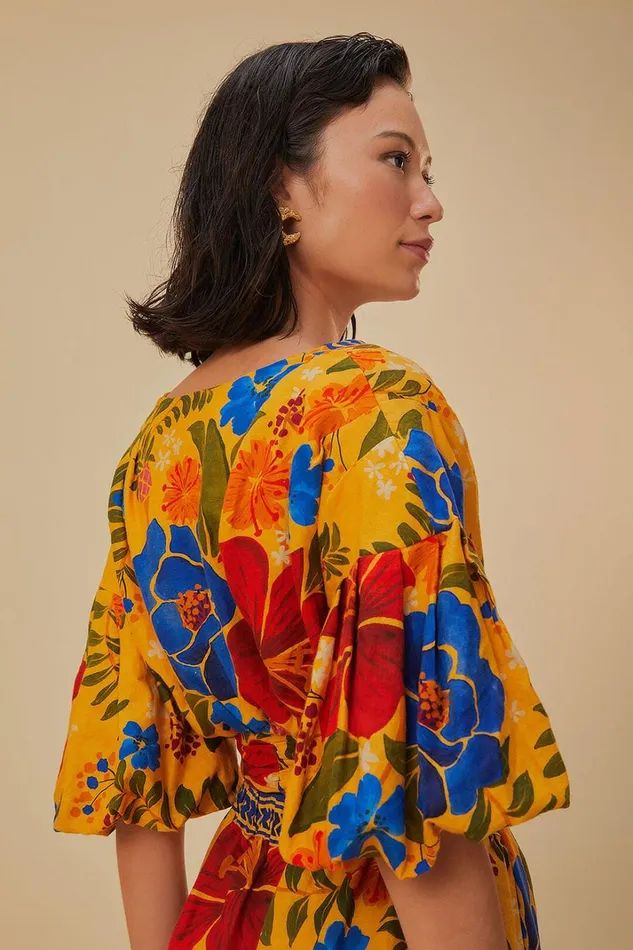 Women Yellow Floral Yard Lenzing Ecovero Euroflax Crop Top Floral Yard Yellow FARM Rio Crop Tops
