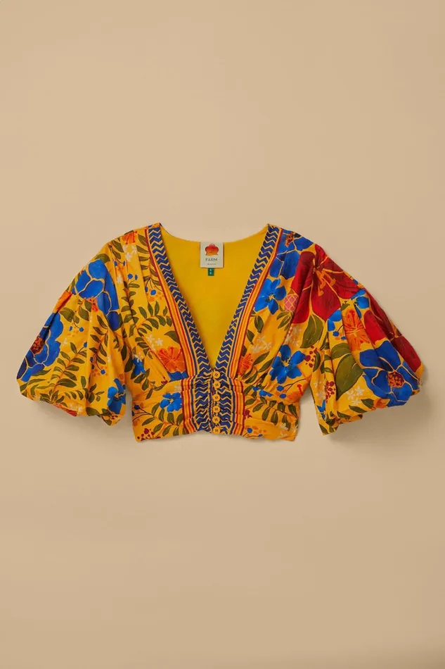 Women Yellow Floral Yard Lenzing Ecovero Euroflax Crop Top Floral Yard Yellow FARM Rio Crop Tops