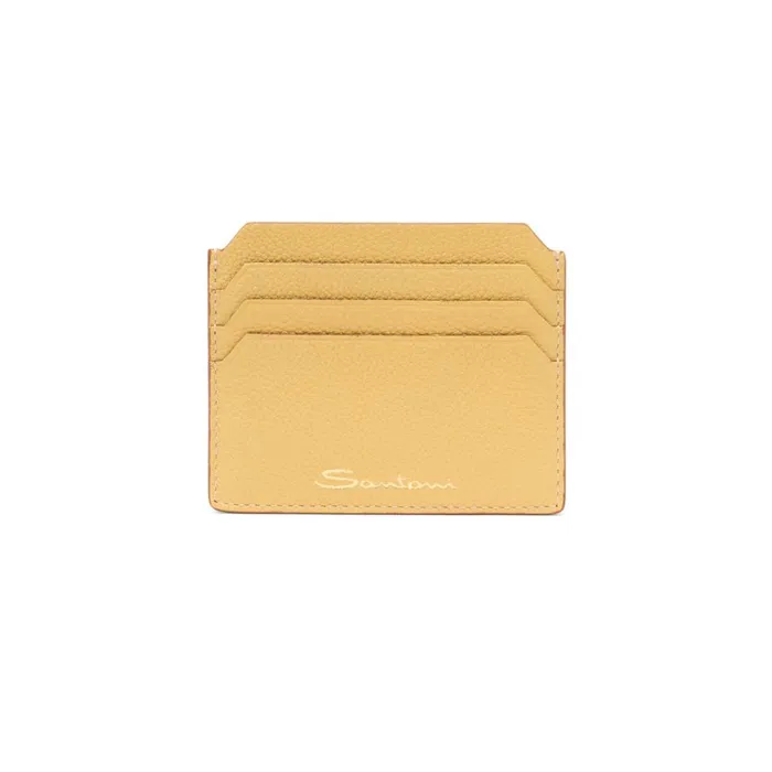 Women Yellow Tumbled Leather Credit Card Holder Santoni Small Leather Goods