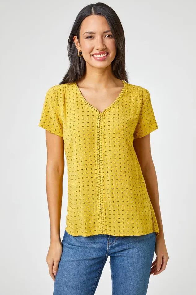 Yellow Ditsy Embroidered Trim Detail Top Women Roman Tops