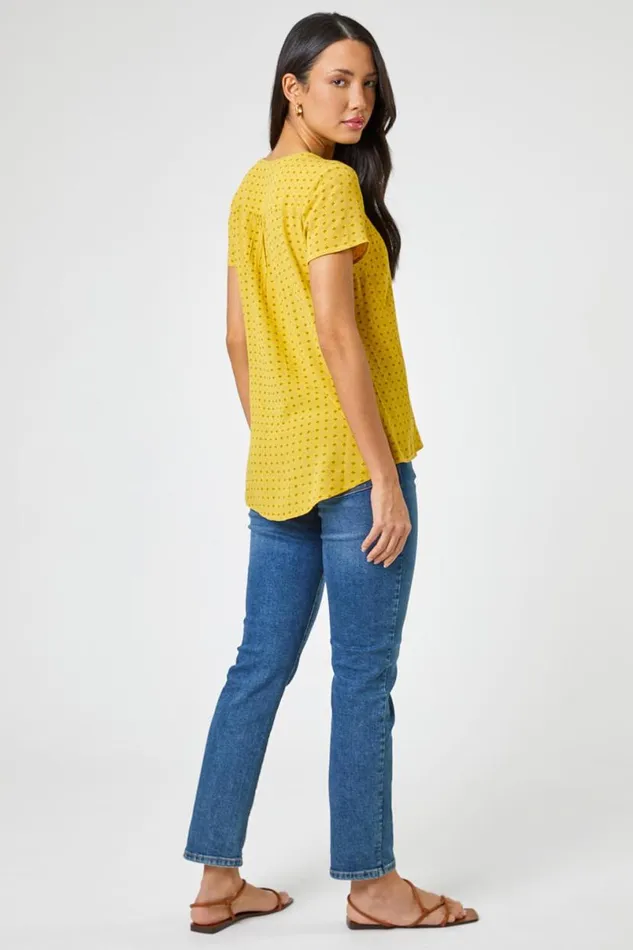 Yellow Ditsy Embroidered Trim Detail Top Women Roman Tops
