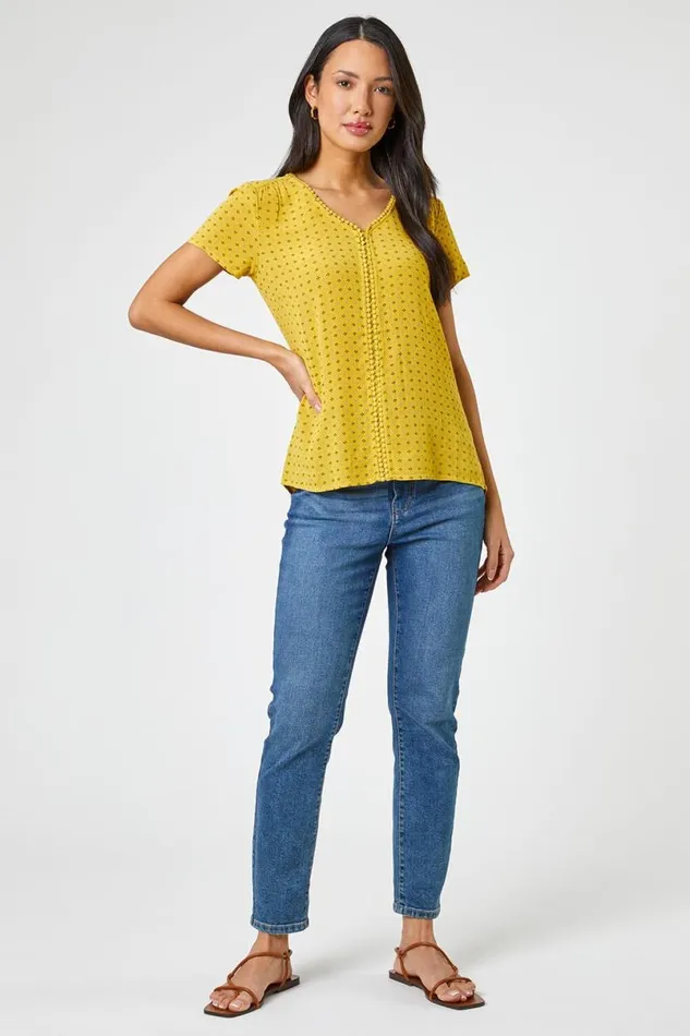 Yellow Ditsy Embroidered Trim Detail Top Women Roman Tops