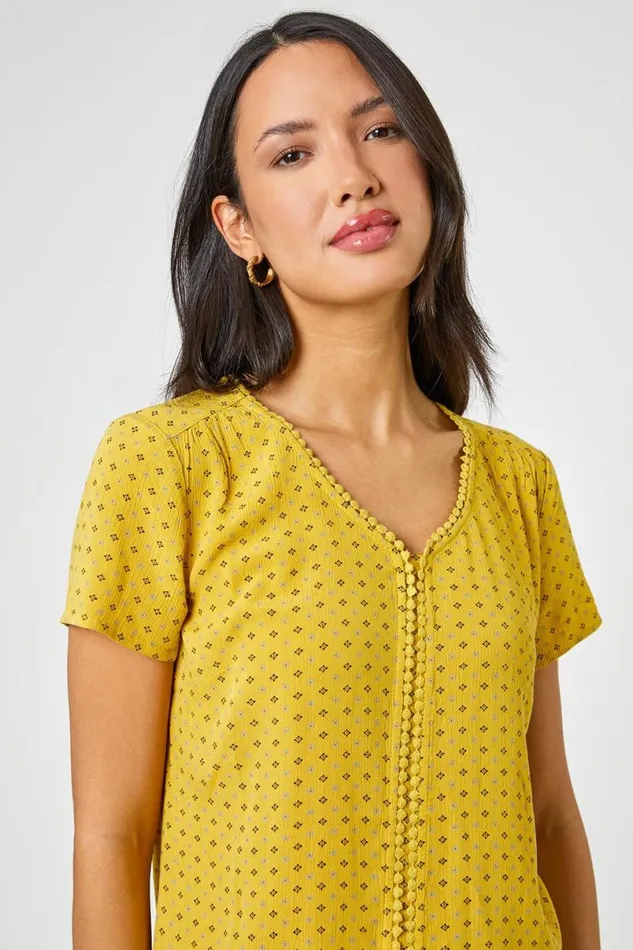 Yellow Ditsy Embroidered Trim Detail Top Women Roman Tops