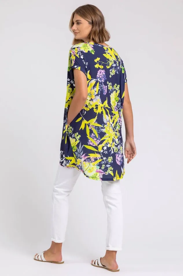 Yellow Floral Print Pocket Tunic Top Women Roman Tops