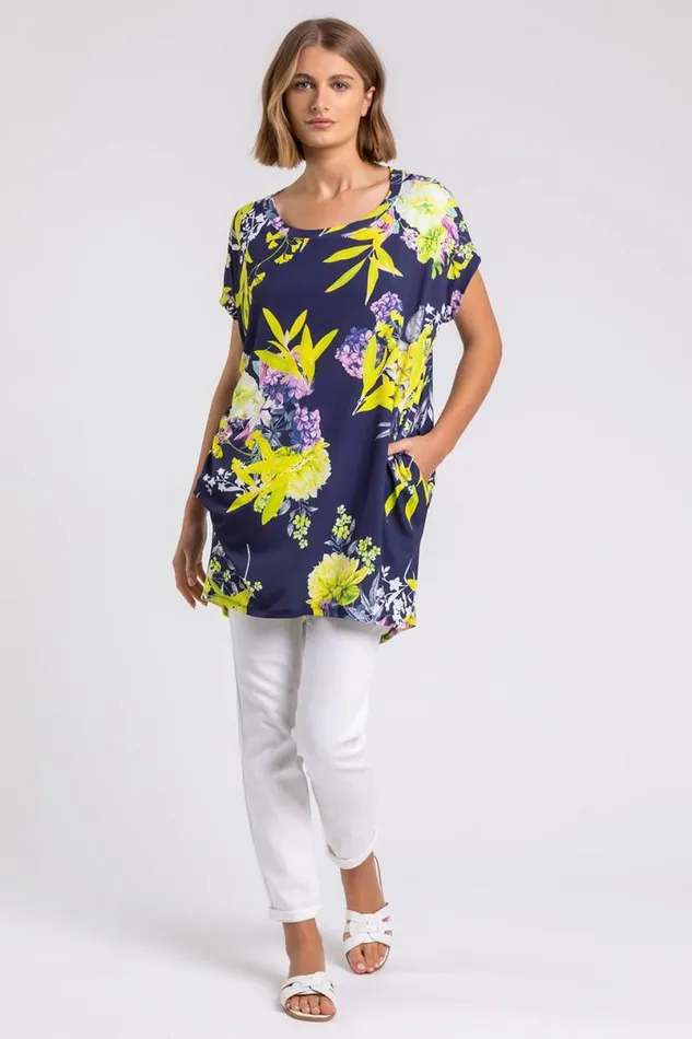 Yellow Floral Print Pocket Tunic Top Women Roman Tops