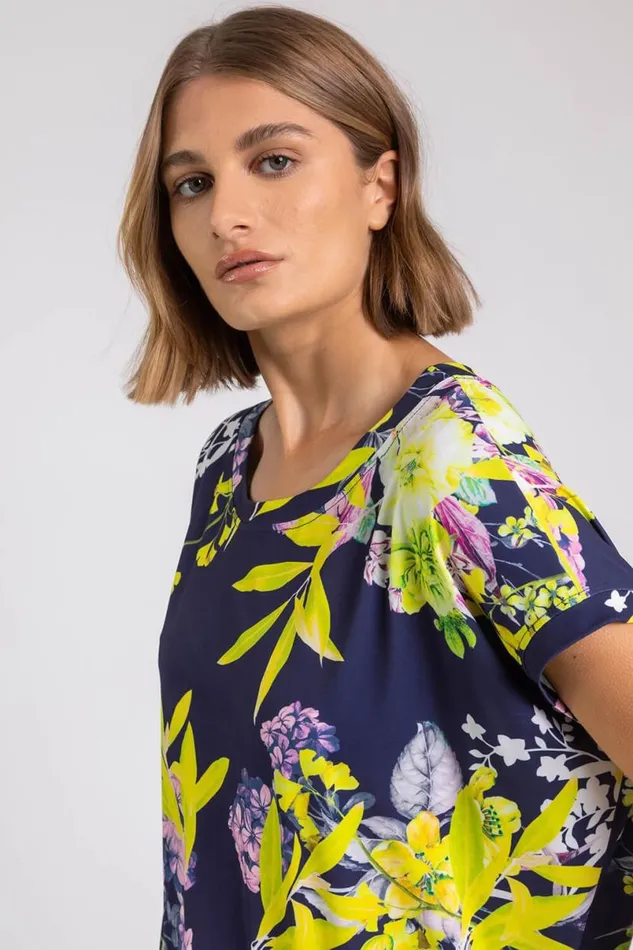 Yellow Floral Print Pocket Tunic Top Women Roman Tops