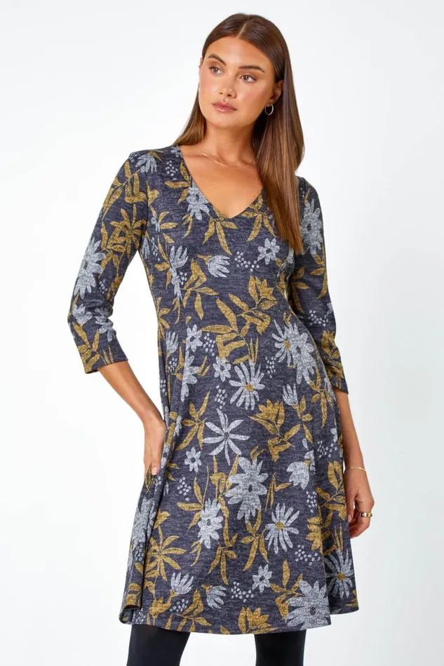 Yellow Floral Print Stretch Dress Women Roman Dresses