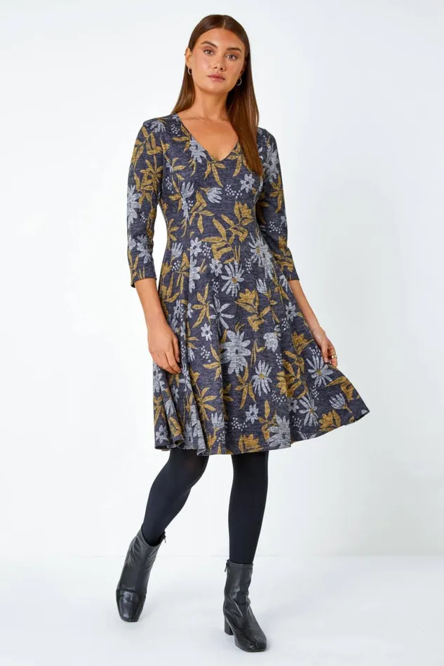 Yellow Floral Print Stretch Dress Women Roman Dresses