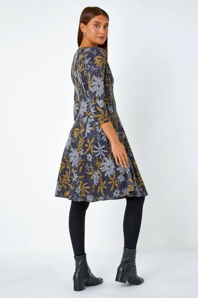 Yellow Floral Print Stretch Dress Women Roman Dresses