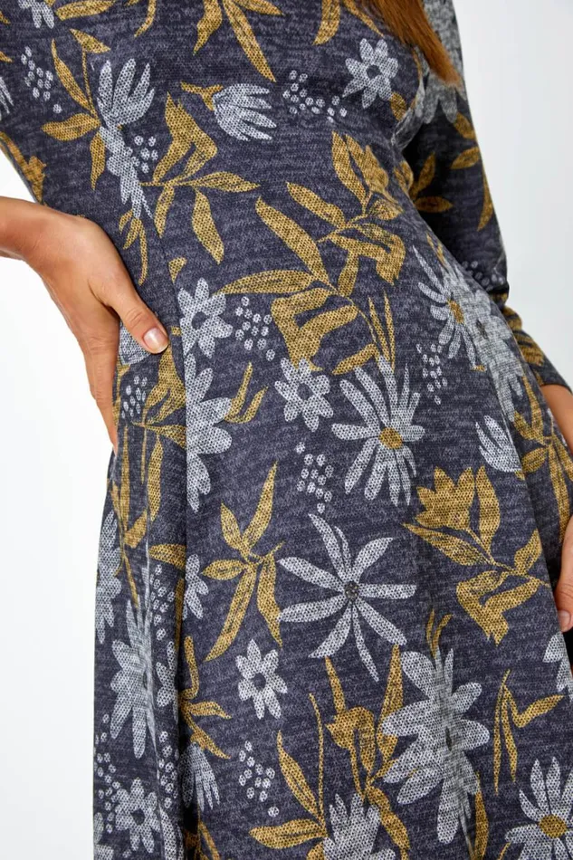 Yellow Floral Print Stretch Dress Women Roman Dresses