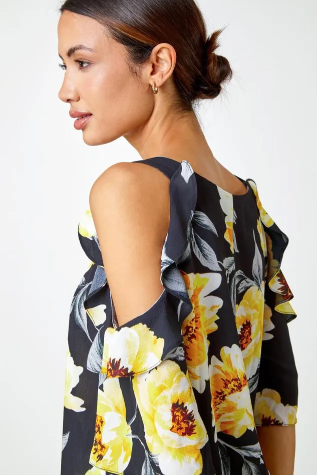 Yellow Floral Ruffle Detail Cold Shoulder Top Women Roman Tops