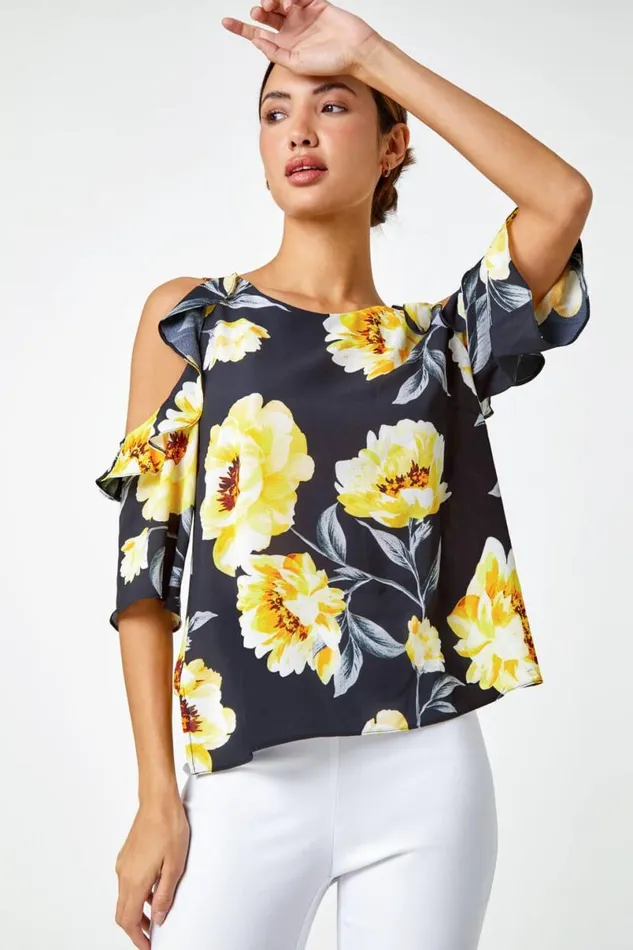 Yellow Floral Ruffle Detail Cold Shoulder Top Women Roman Tops