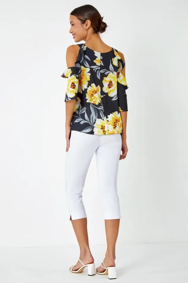 Yellow Floral Ruffle Detail Cold Shoulder Top Women Roman Tops
