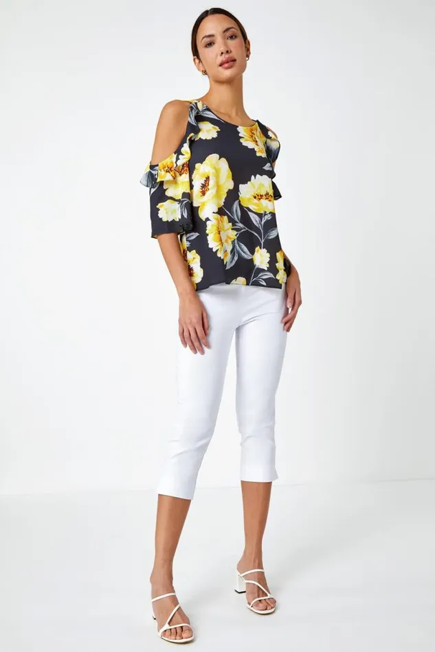 Yellow Floral Ruffle Detail Cold Shoulder Top Women Roman Tops