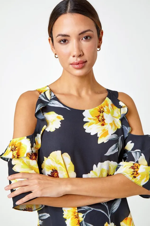 Yellow Floral Ruffle Detail Cold Shoulder Top Women Roman Tops