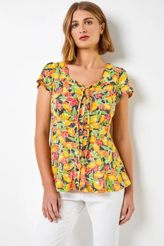 Yellow Lemon Print Tie Detail Top Women Roman Tops