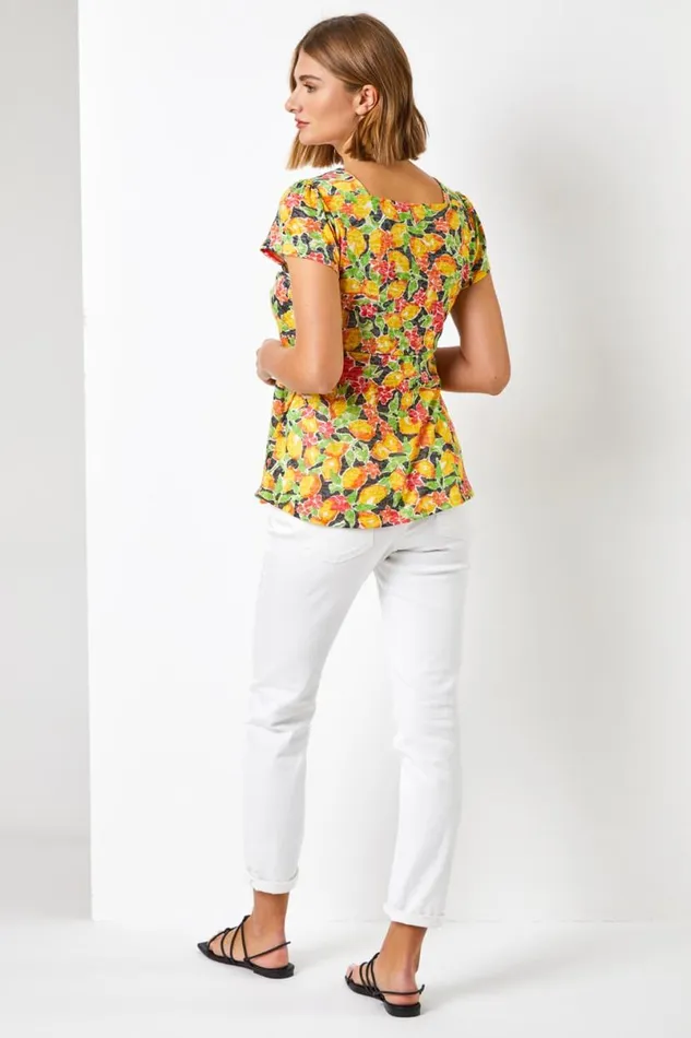 Yellow Lemon Print Tie Detail Top Women Roman Tops