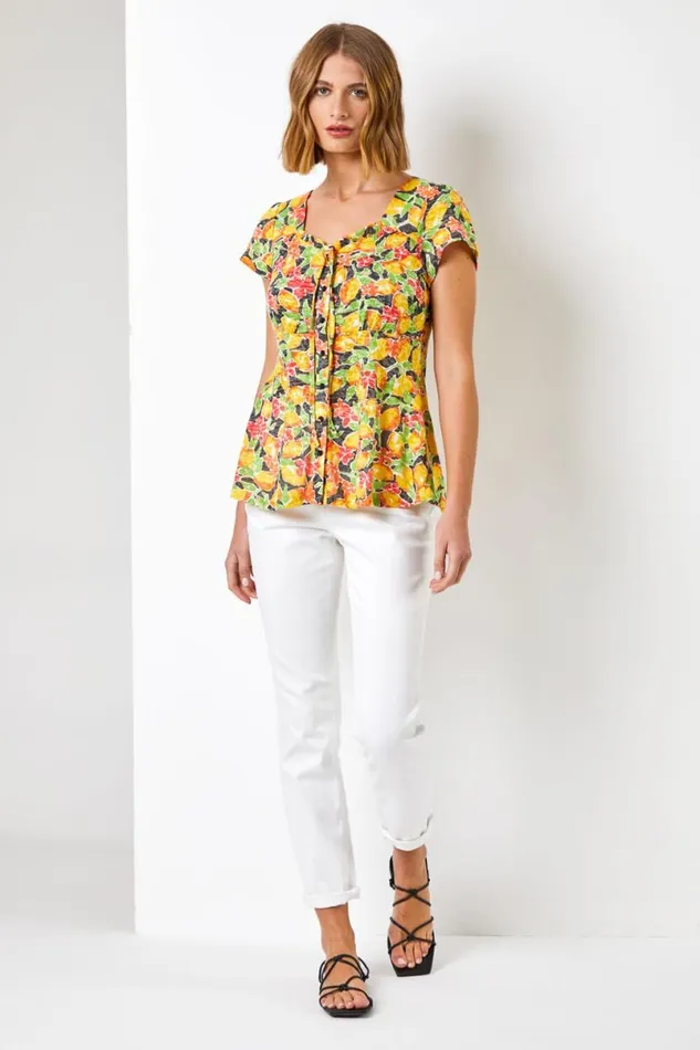 Yellow Lemon Print Tie Detail Top Women Roman Tops