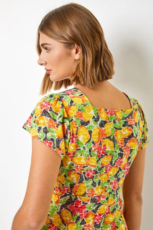 Yellow Lemon Print Tie Detail Top Women Roman Tops